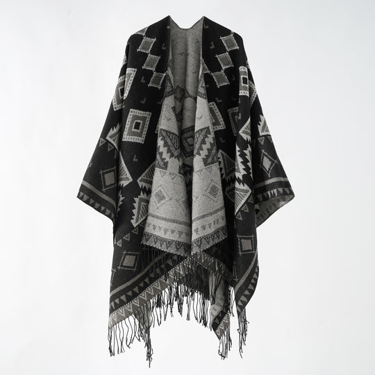 Damen Jacquard‑Wickelruana im Ethno‑Design mit Fransen und offenem Fall Shop Nory