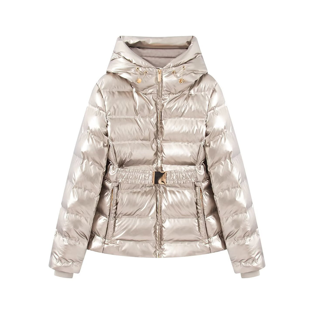 Damen Glänzende Daunenoptik-Steppjacke mit Kapuze und tailliertem Zugbandgürtel Shop Nory