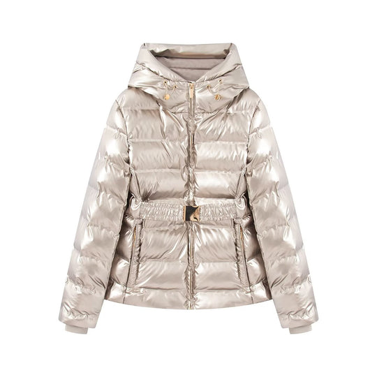 Damen Glänzende Daunenoptik-Steppjacke mit Kapuze und tailliertem Zugbandgürtel Shop Nory