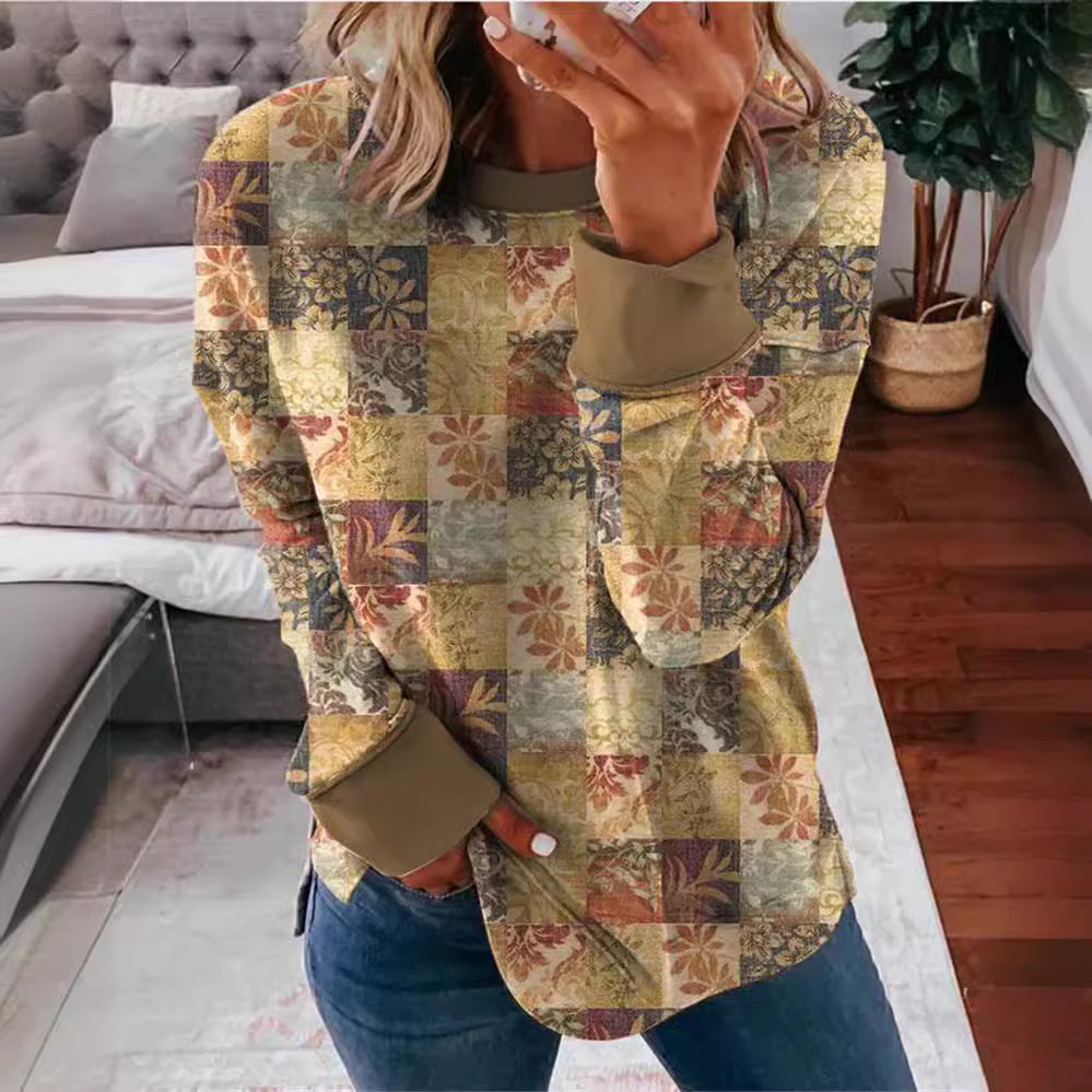 Damen Langarmshirt im Patchwork-Quilt-Design mit weichem Rundhalsausschnitt und kontrastierenden Bündchen Shop Nory