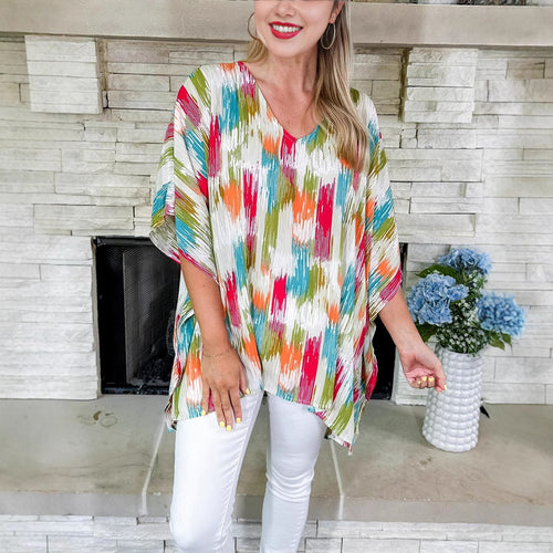 Damen Oversized V‑Neck Tunika im Plissee‑Look mit abstraktem Ikat‑Print Shop Nory