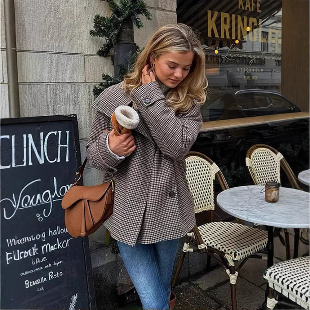 Damen Oversize-Trenchcoat mit Hahnentritt-Muster, hohem Stehkragen und Schulterklappen Shop Nory