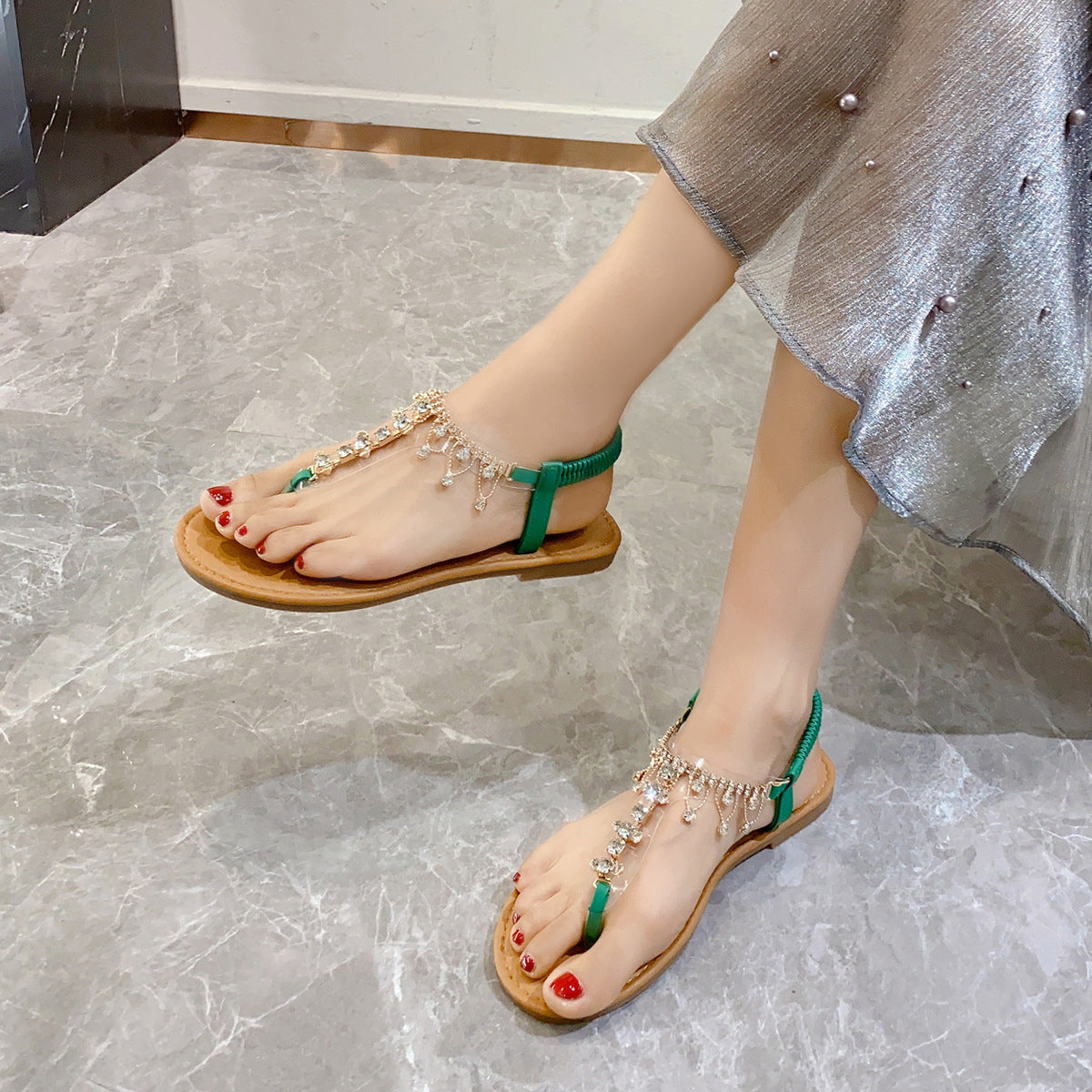 Damen elegante Zehentrenner-Sandalen mit funkelndem Strass