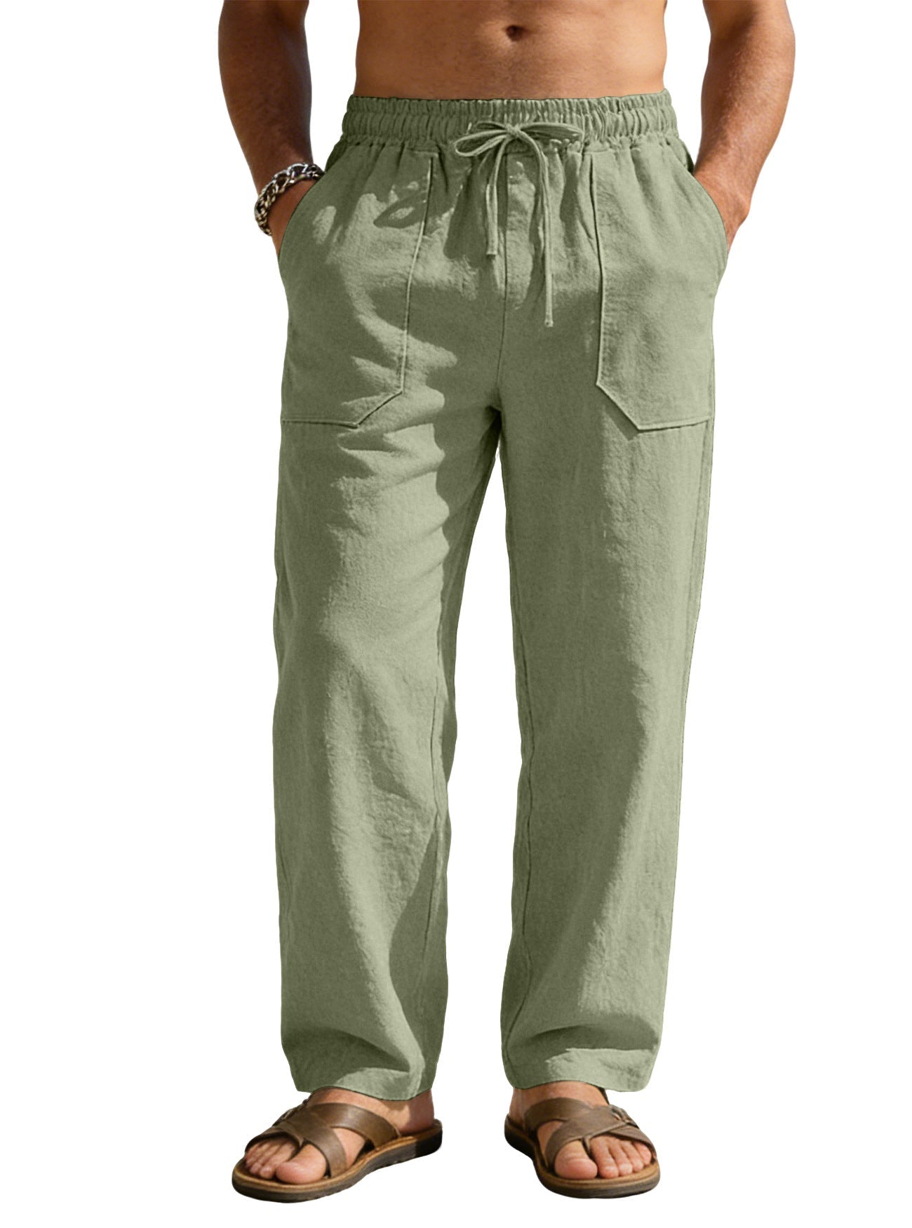 Herren nan weite Relaxhose aus Leinen-Mix mit Kordelbund und aufgesetzten Beintaschen Shopnory