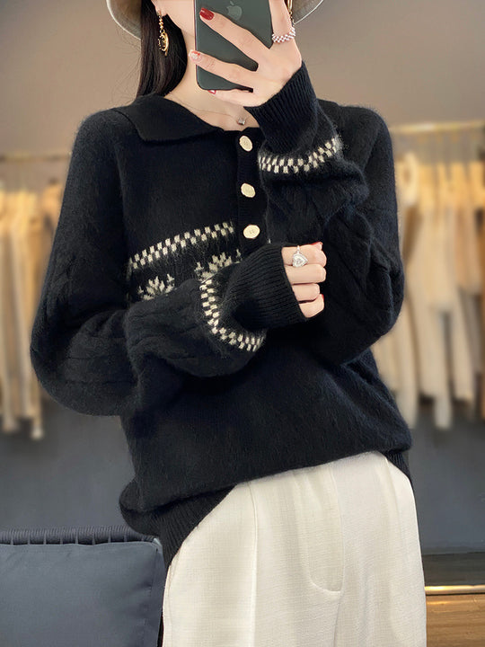 Damen Oversize-Polokragen-Strickpullover mit Norweger‑Motiv und Raglanärmeln Shop Nory