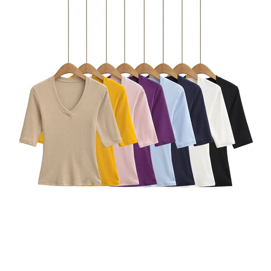 Damen Figurbetontes V‑Ausschnitt Dreiviertelarm Feinripp-Top aus Stretchjersey Shop Nory