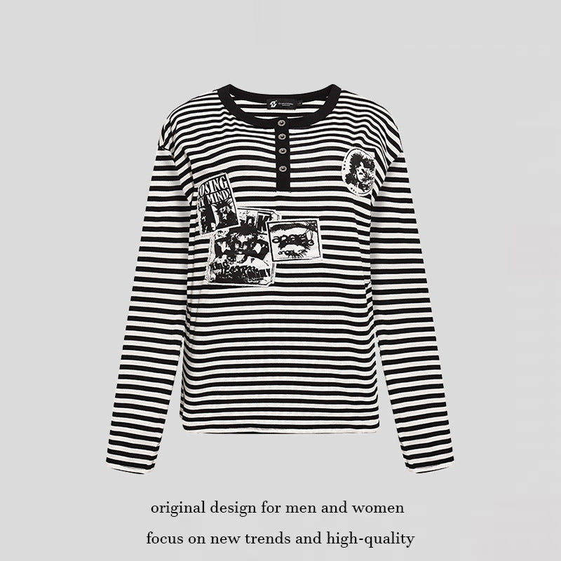 Damen Gestreiftes Langarm-Henleyshirt mit Knopfleiste und Grafikpatches Shop Nory