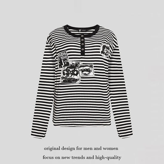 Damen Gestreiftes Langarm-Henleyshirt mit Knopfleiste und Grafikpatches Shop Nory
