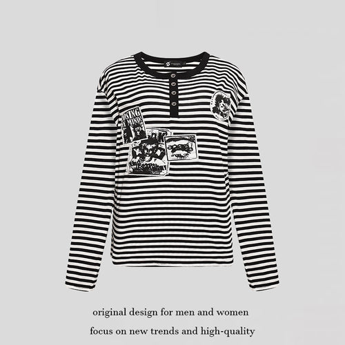 Damen Gestreiftes Langarm-Henleyshirt mit Knopfleiste und Grafikpatches Shop Nory