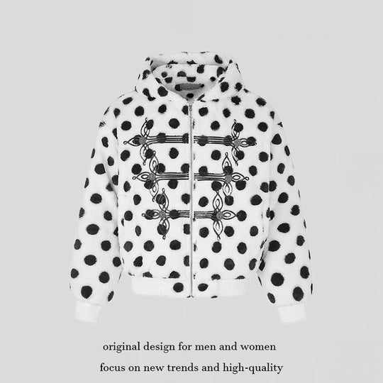 Damen Kapuzen-Fleecejacke im Bomberstil mit Polka‑Dot und dekorativen Froschknopf-Details Shop Nory