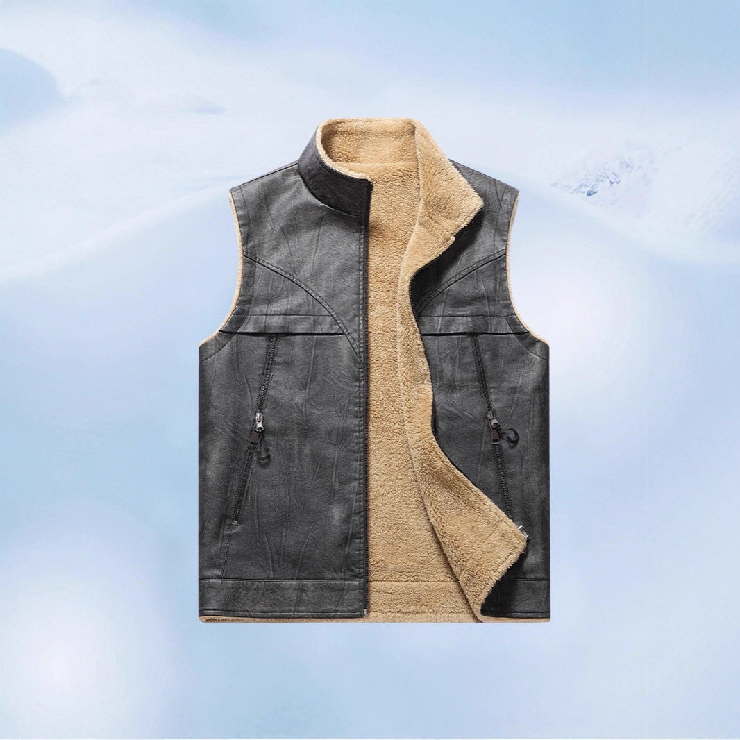 Herren Ärmellose Kunstleder-Teddyweste mit Stehkragen und Reißverschlusstaschen Shop Nory