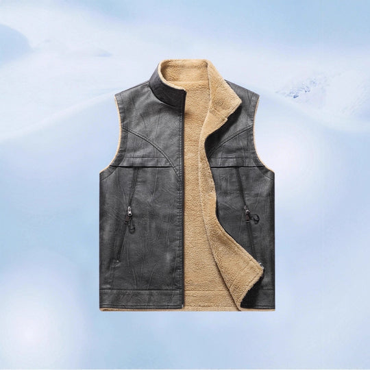 Herren Ärmellose Kunstleder-Teddyweste mit Stehkragen und Reißverschlusstaschen Shop Nory