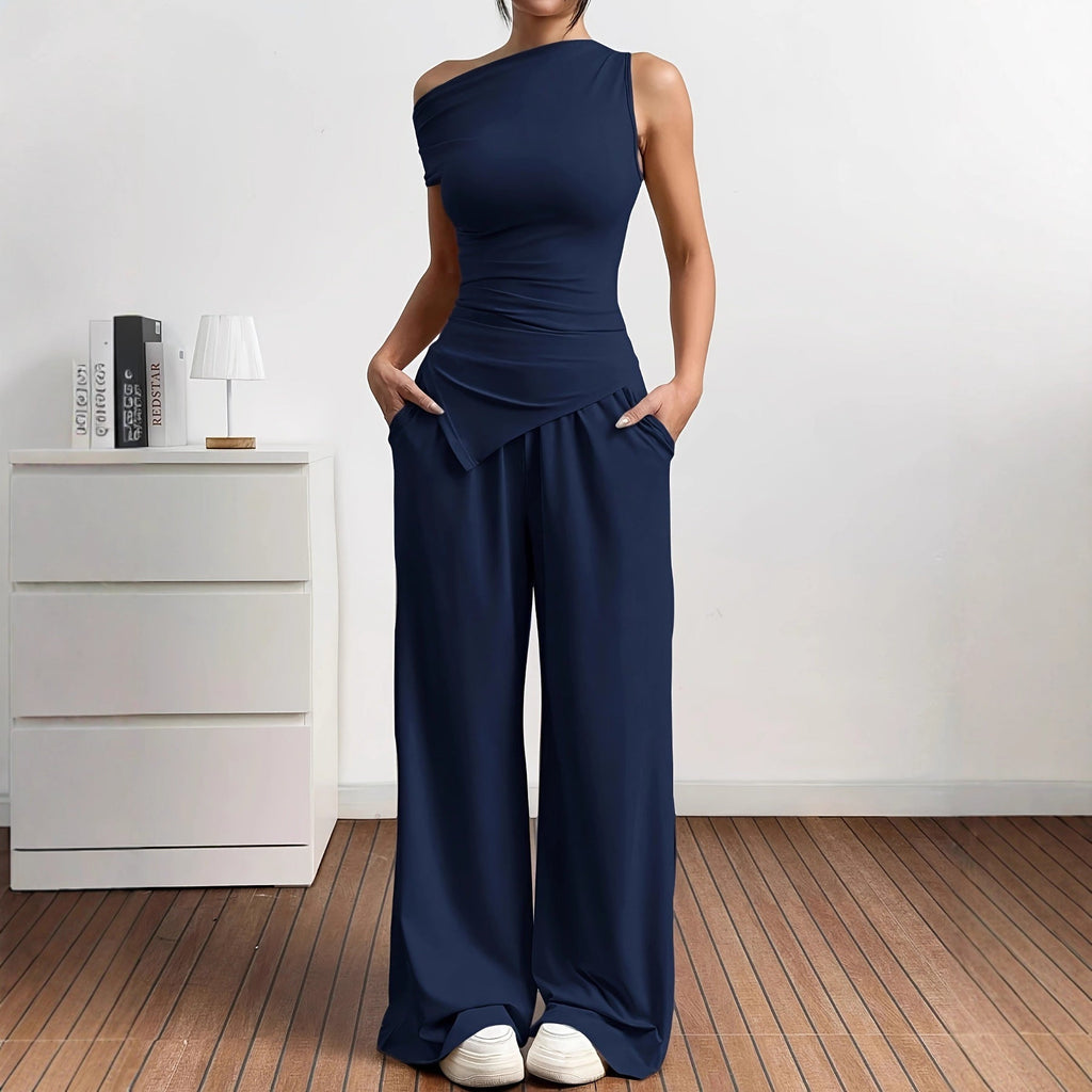 Damen Elegante Jumpsuit-Kombination mit asymmetrischem Oberteil und weitem Bein