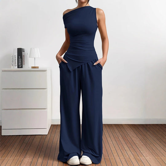 Damen Elegante Jumpsuit-Kombination mit asymmetrischem Oberteil und weitem Bein