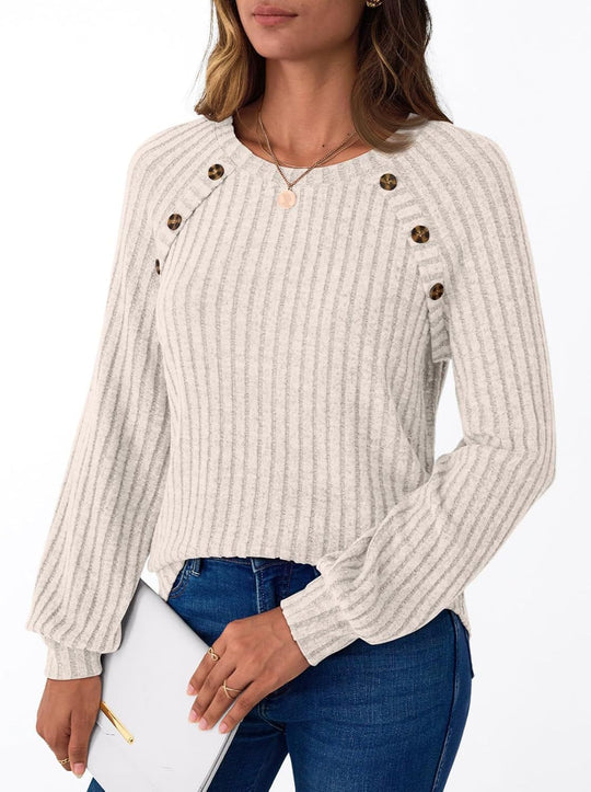 Damen Gerippter Strickpullover mit Zierknopfleiste an Raglanärmeln Shop Nory