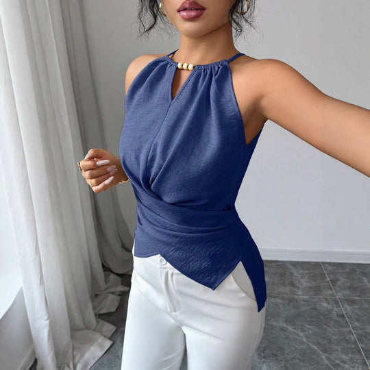 Damen Ärmelloses Twist-Halstops mit Holzperlen und asymmetrischem Saum Shop Nory