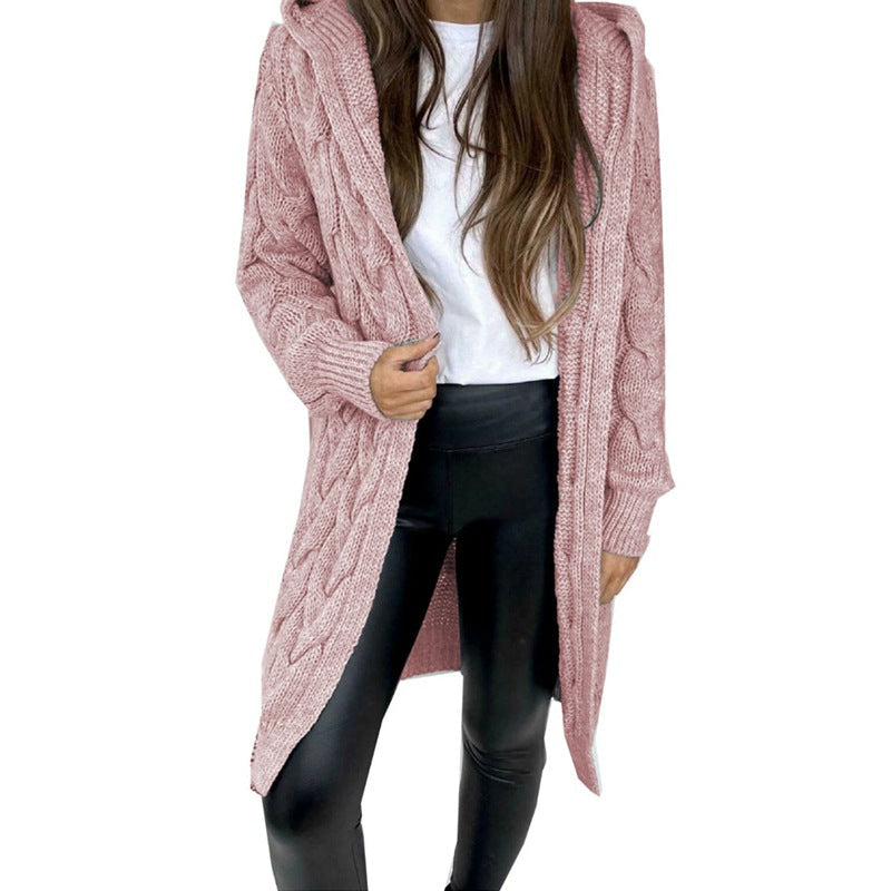 Damen lange Strickjacke mit Kapuze und Zopfdesign