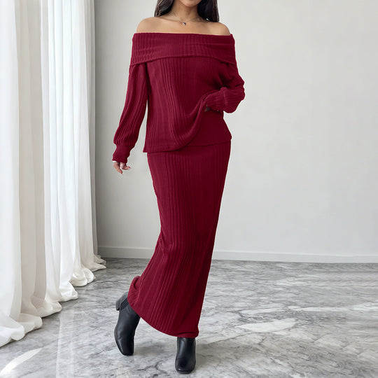 Damen Schulterfreies Rippstrick-Set mit Carmen-Ausschnitt und figurbetontem Maxi-Rock Shop Nory