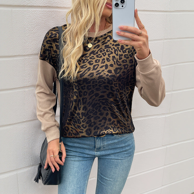 Damen Leichter Glänzender Leo-Strickpullover mit Kontrast-Rippärmeln Shop Nory