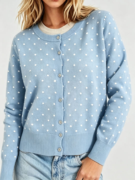 Damen Gepunktete Feinstrick-Cardigan mit Rundhals und Rippbündchen Shop Nory