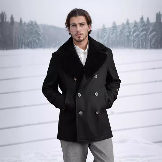 Herren Kurzmantel im Pea‑Coat‑Stil aus Wollmix mit voluminösem Teddykragen und Eingrifftaschen Shop Nory