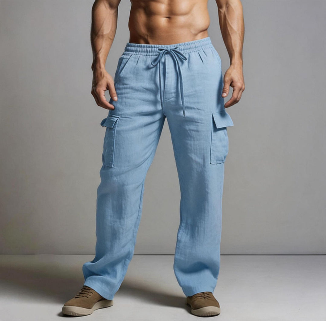 Herren leichte Leinen Cargohose mit elastischem Bund und großen Seitentaschen Shop Nory