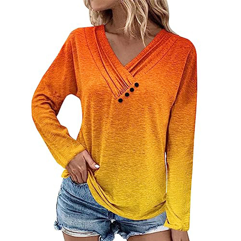 Damen Gerippter V-Ausschnitt Pullover mit Farbverlauf, Zierknöpfen und legerer Passform Shop Nory