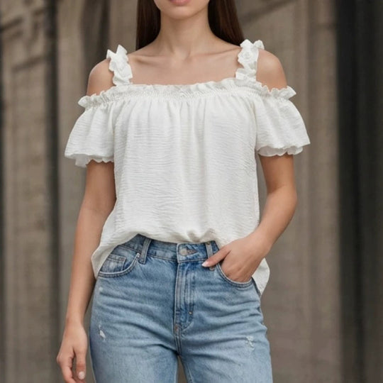 Damen Schulterfreies Crinkle-Top mit Smok-Bandeau, Rüschen‑Trägern und Flügelärmeln Shop Nory