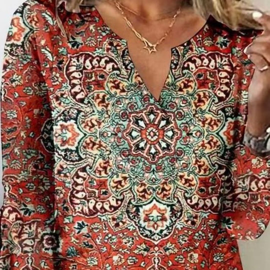 Damen Boho-Tunika-Bluse mit Mandala-Print, V-Ausschnitt und dreiviertel Ärmeln Shop Nory