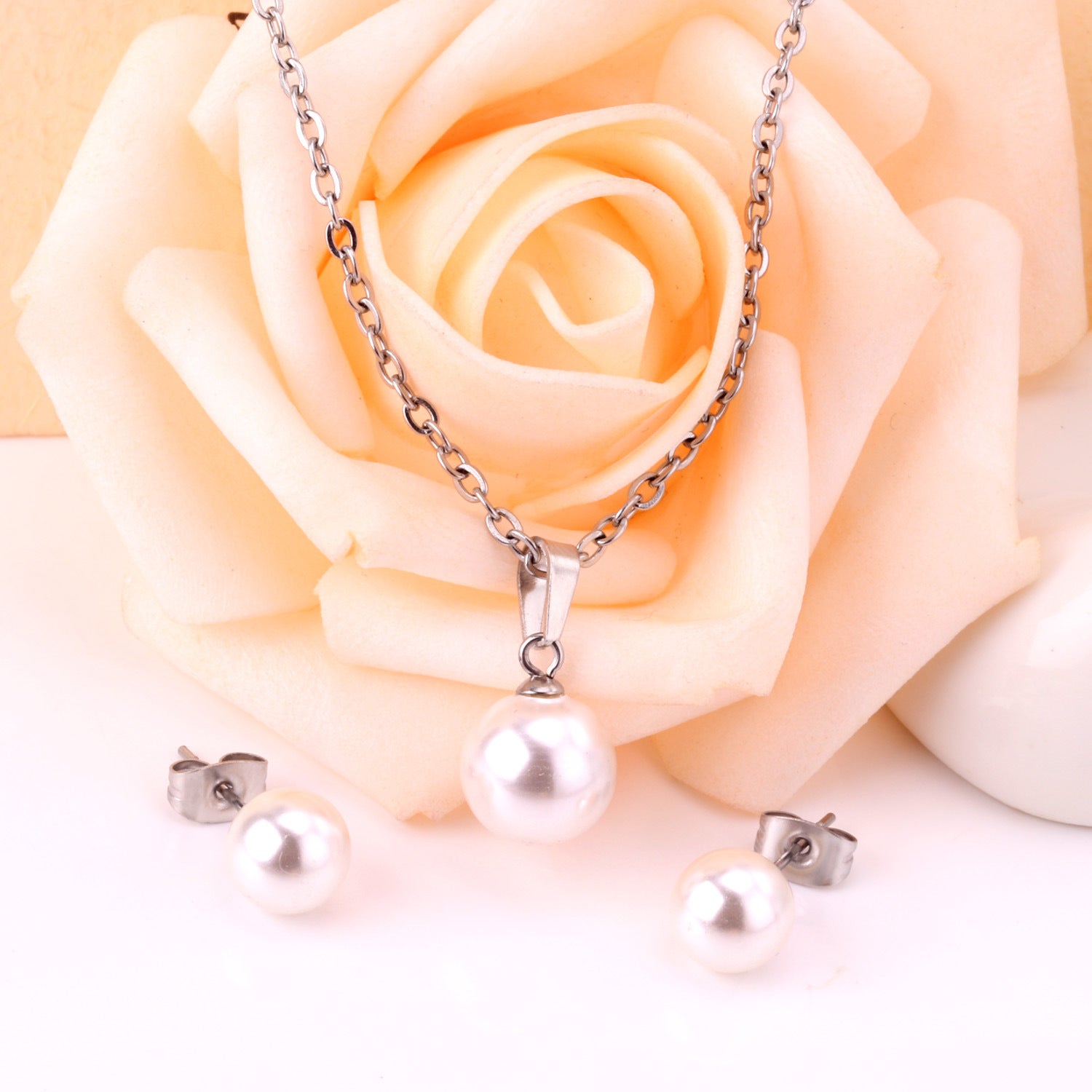 Damen Schmuckset mit Edelstahlkette und Perlenanhänger Shop Nory