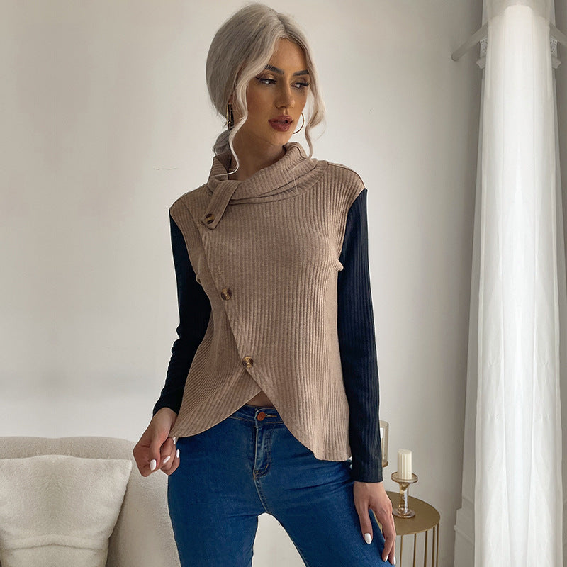 Damen Asymmetrisches Rippenstrick-Layering-Top mit Rollkragen und Zierknopfleiste Shop Nory