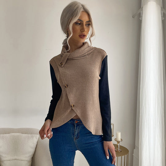 Damen Asymmetrisches Rippenstrick-Layering-Top mit Rollkragen und Zierknopfleiste Shop Nory