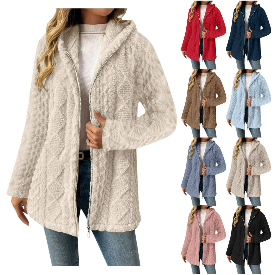 Damen Kapuzen-Sherpajacke mit Zopfmuster, mittellang und Zwei-Wege-Reißverschluss Shop Nory