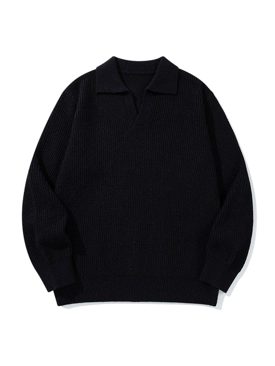 Herren Grobgestrickter Polokragen-Pullover mit V‑Ausschnitt und Rippenbündchen Shop Nory
