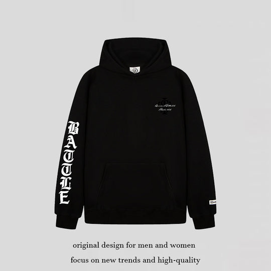 Unisex Oversize-Kapuzenpullover mit Gothic-Ärmelprint und Kängurutasche Shop Nory