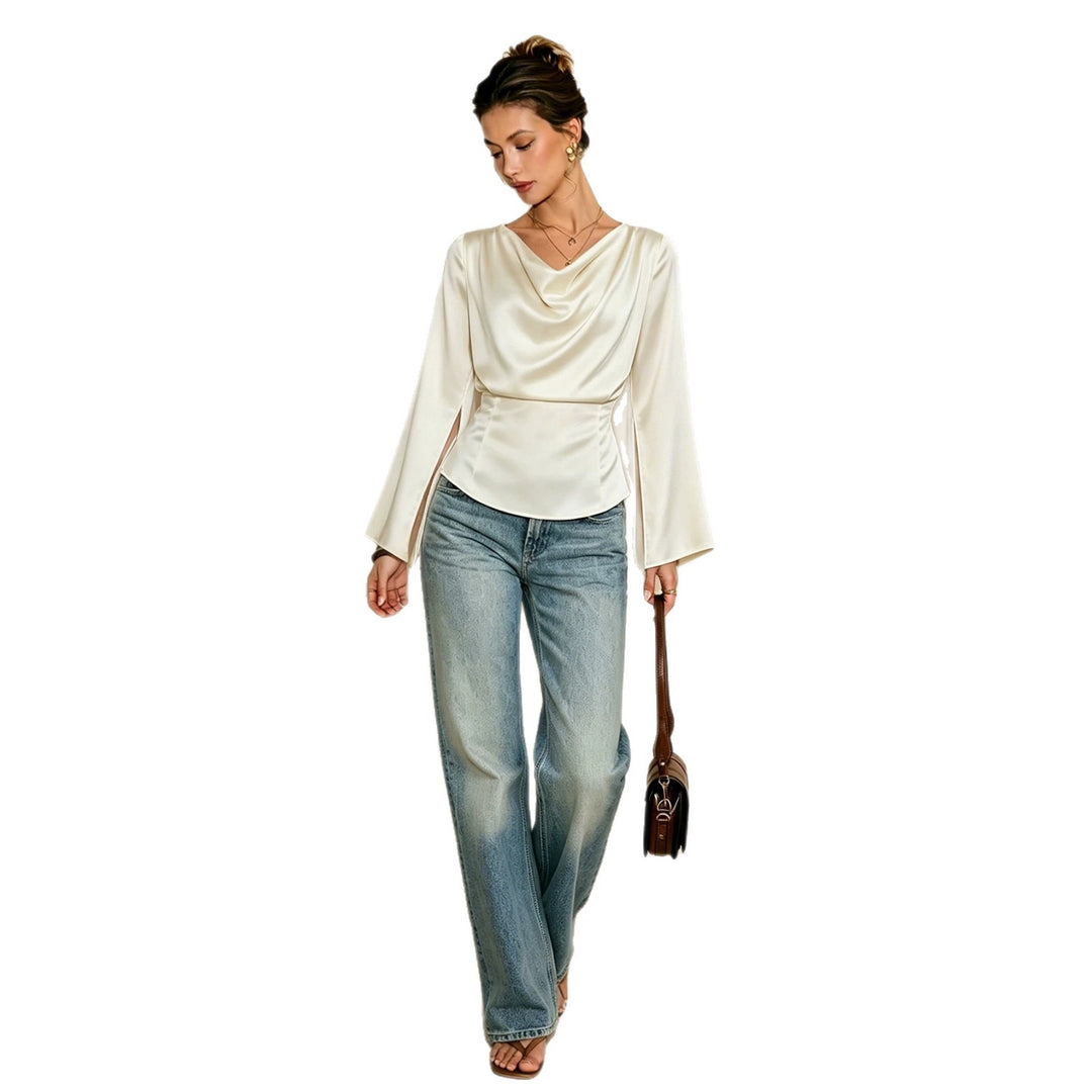 Damen elegante Satinbluse mit Wasserfallausschnitt, taillierter Silhouette und langen Ärmelschlitzen Shop Nory