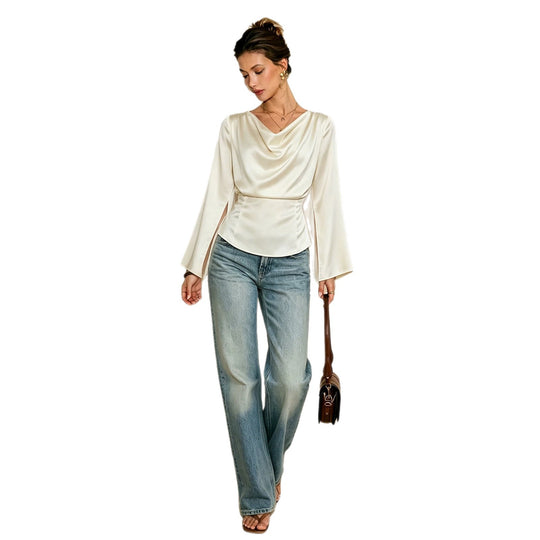 Damen elegante Satinbluse mit Wasserfallausschnitt, taillierter Silhouette und langen Ärmelschlitzen Shop Nory