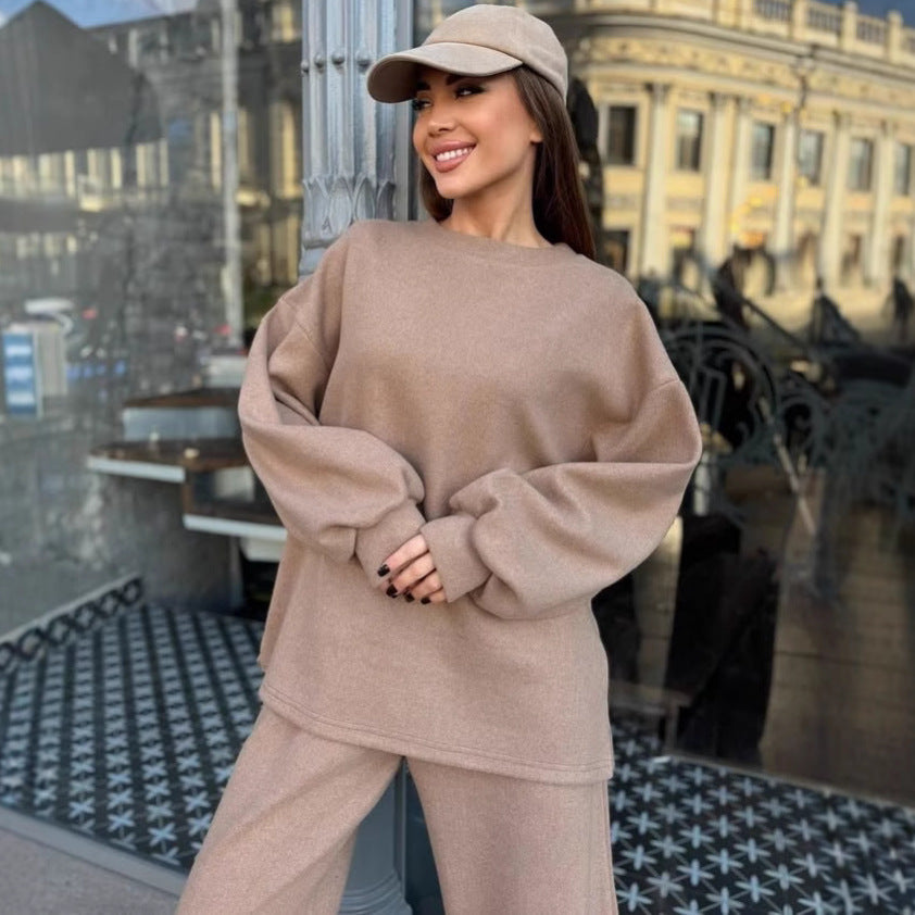 Damen Weiches Oversized-Strick-Loungewear-Set mit legerem Rundhals-Pullover und weiter Komforthose Shop Nory
