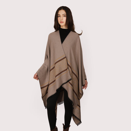 Damen Cape-Poncho aus Feinstrick mit Leoparden-Bordüre und asymmetrischem Saum Shop Nory