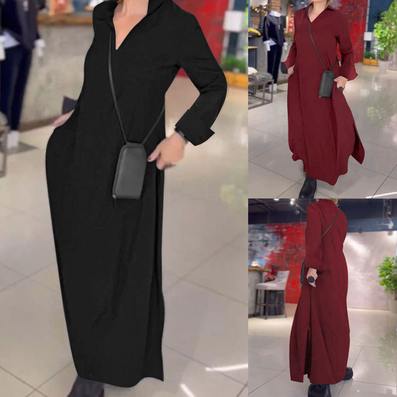 Damen Kragenblusenkleid mit V-Ausschnitt, Eingrifftaschen und seitlichen Schlitzen Shop Nory