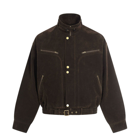 Herren Veloursleder-Blouson im Aviator‑Stil mit Stehkragen, Taillenriegel und Reißverschlusstaschen Shop Nory