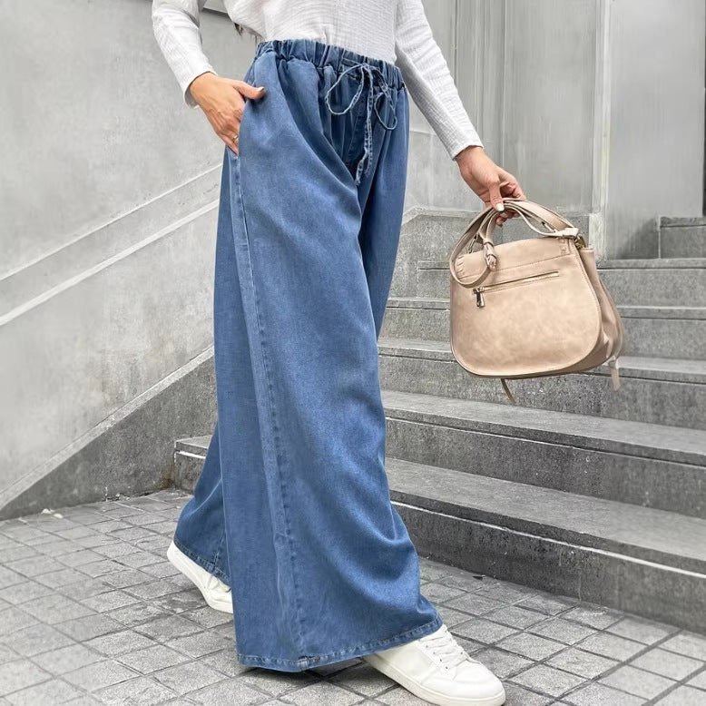 Damen Relaxte Palazzohose aus Denim mit Tunnelzugbund, Eingrifftaschen und extra weitem Bein Shop Nory
