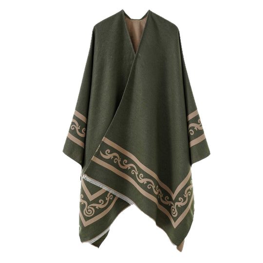 Damen Oversize Jacquard-Capeponcho aus Wollmix mit geometrischem Muster und Fransen Shop Nory