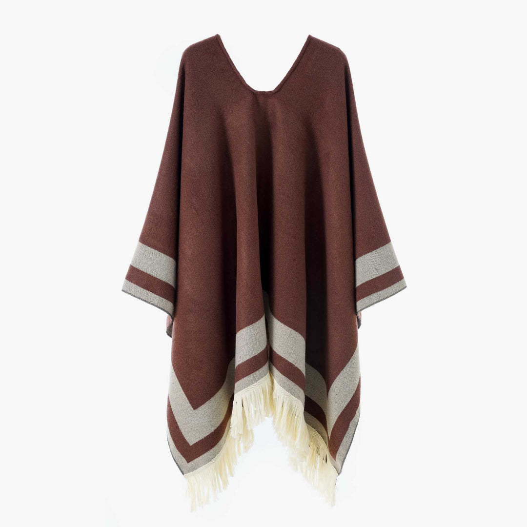 Damen V‑Ausschnitt Stricküberwurf im Oversize mit kontrastierenden Blockstreifen und Fransen Shop Nory