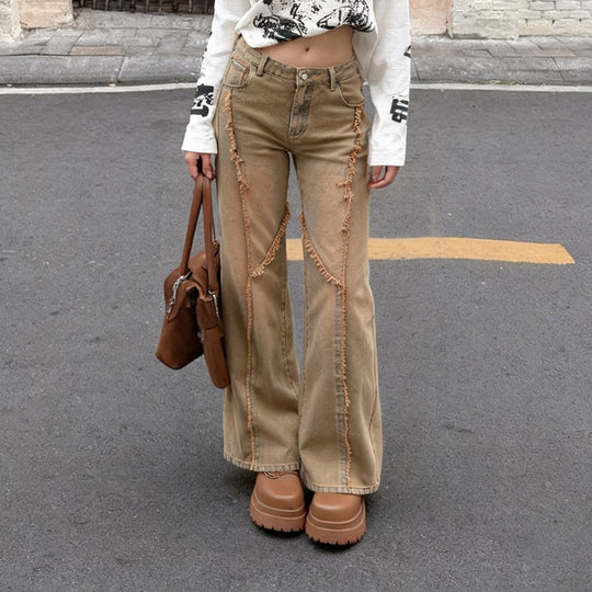 Damen nan hochgeschnittene Wide‑Leg Jeans mit offenen Saumnähten, diagonalem Fransenbesatz und Relaxed Fit Shop Nory