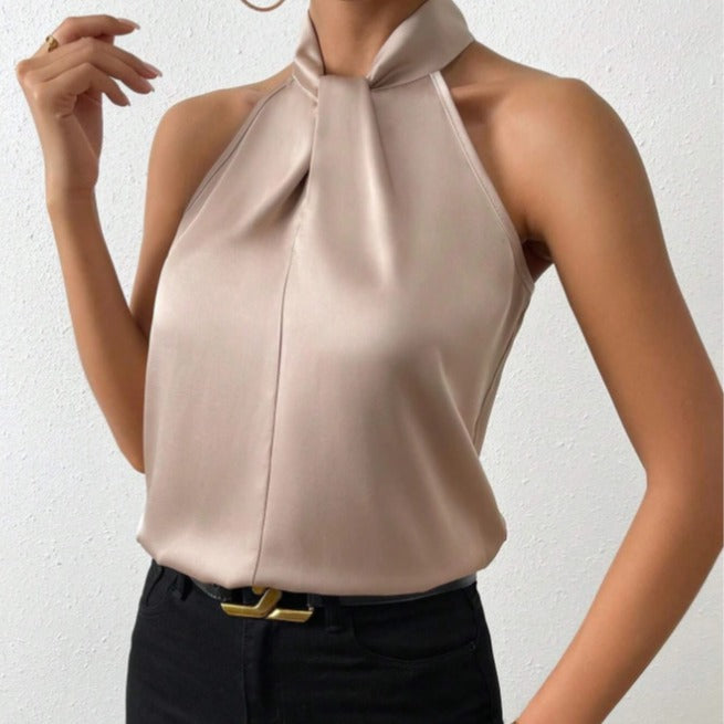 Damen Knoten Hals Stil Top Seide