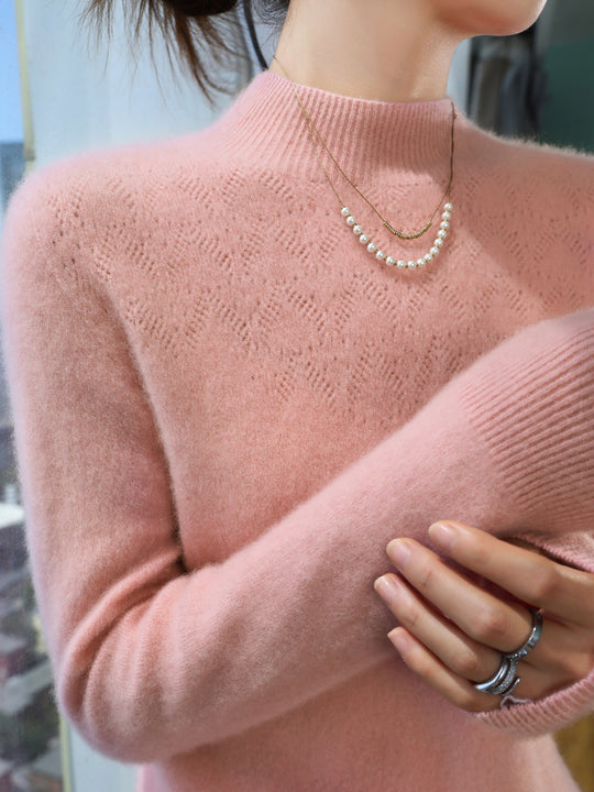 Damen Schlanker minimalistischer Stehkragen-Feinstrickpullover mit geripptem Hals Shop Nory