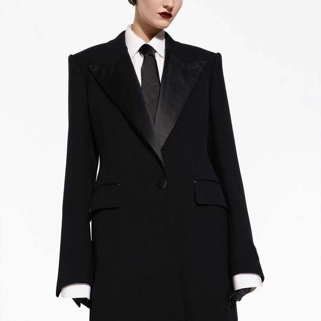 Damen Eleganter Smoking-Hosenanzug mit langem Mantel und weiten Bundfaltenhosen Shop Nory