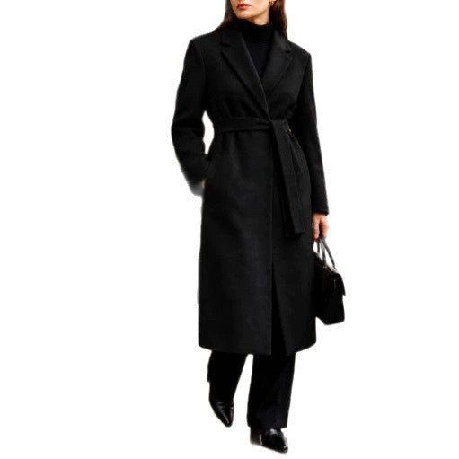 Damen Langer taillierter Wollmantel mit Bindegürtel und Revers Shop Nory