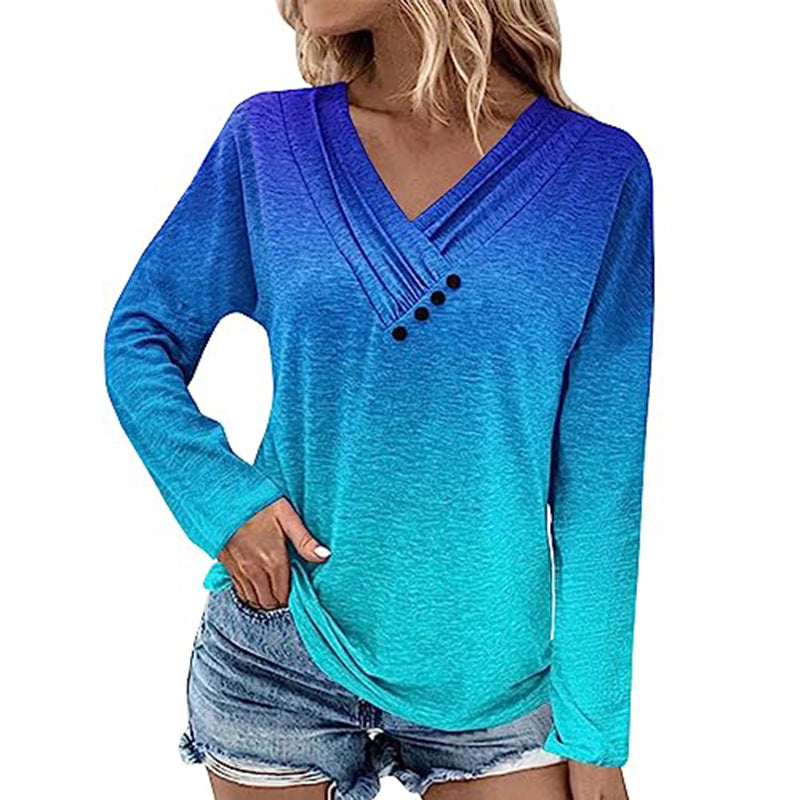 Damen Gerippter V-Ausschnitt Pullover mit Farbverlauf, Zierknöpfen und legerer Passform Shop Nory